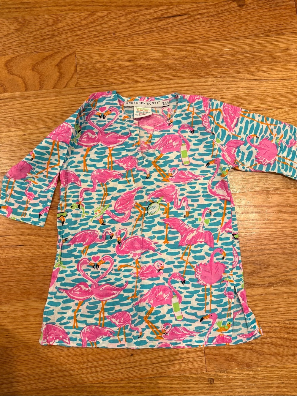 Gretchen Scott Designs Pink Flamingo Kids Pajama Top with Turquoise Waves